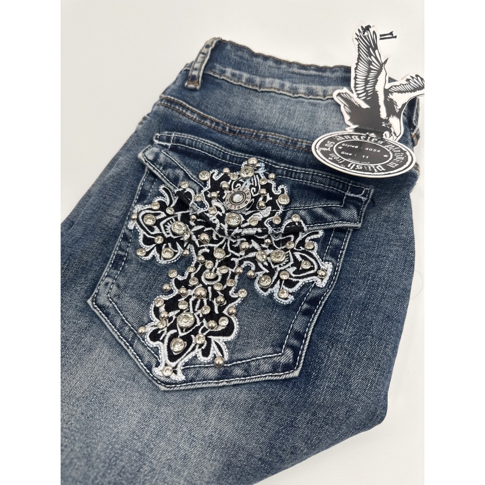 Platinum Plush Junior 4034 Rhinestone Cross Bootcut Jeans Blue Denim NWT Y2K
